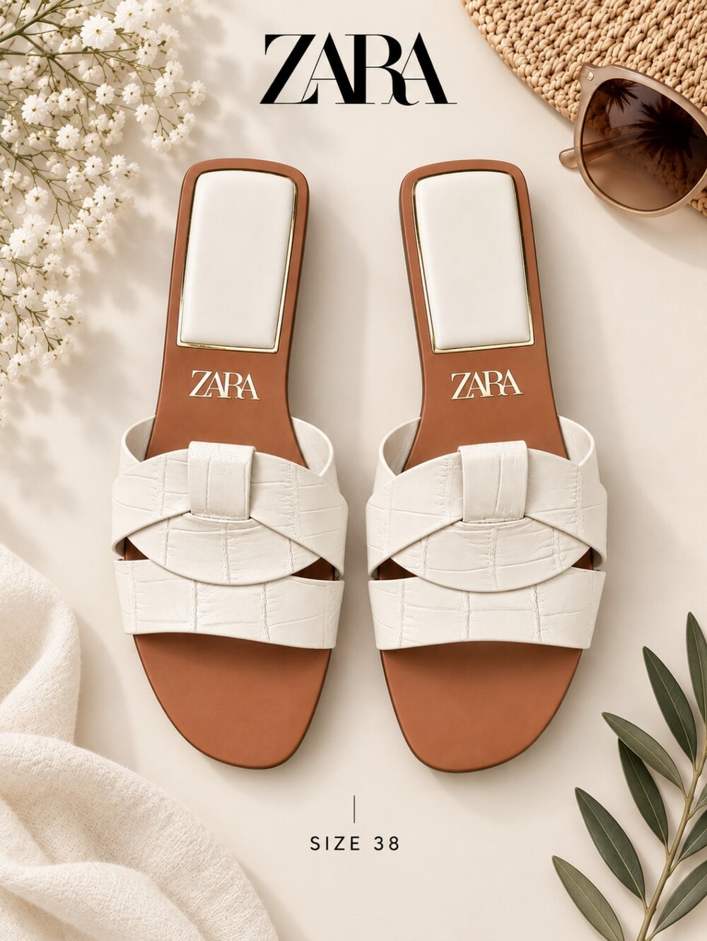 🤍Zara Minimalist Leather Woven Crisscross Slide Sandals - Off White, Size 38